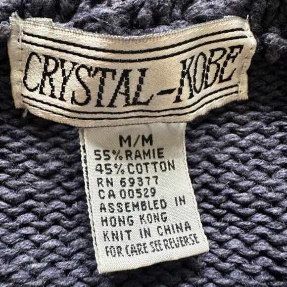 Vintage Floral Chunky Knit Sweater Blue Multi Crystal Kobe Size M Cotton Ramie - Picture 6 of 6